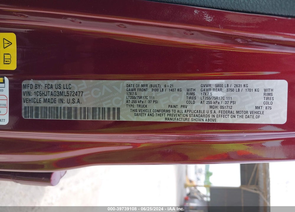 2021 JEEP GLADIATOR WILLYS 4X4 VIN: 1C6HJTAG3ML572477