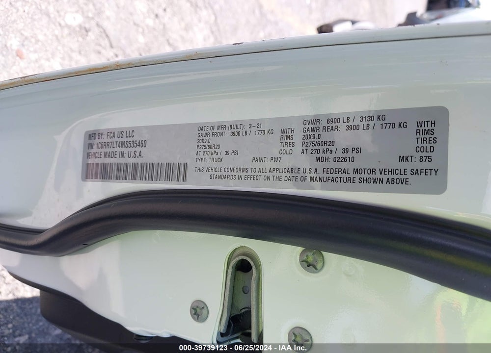 2021 RAM 1500 CLASSIC WARLOCK 4X4 5'7 BOX VIN: 1C6RR7LT4MS535460