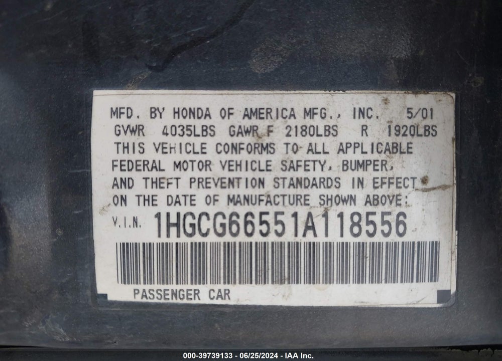 2001 HONDA ACCORD 2.3 LX VIN: 1HGCG66551A118556