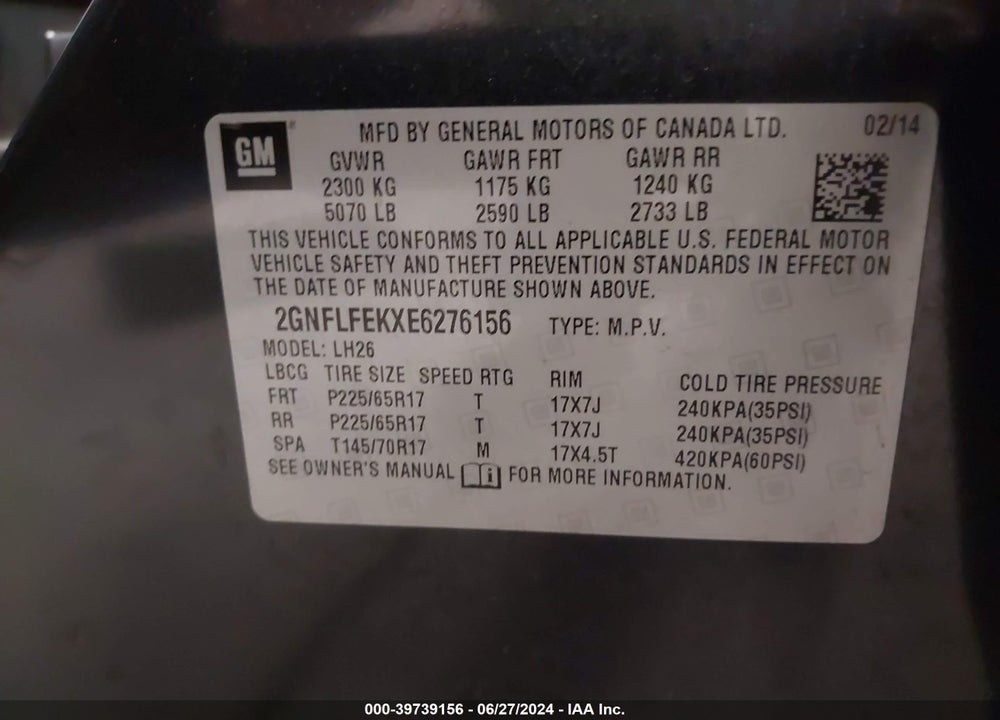 2014 CHEVROLET EQUINOX 1LT VIN: 2GNFLFEKXE6276156
