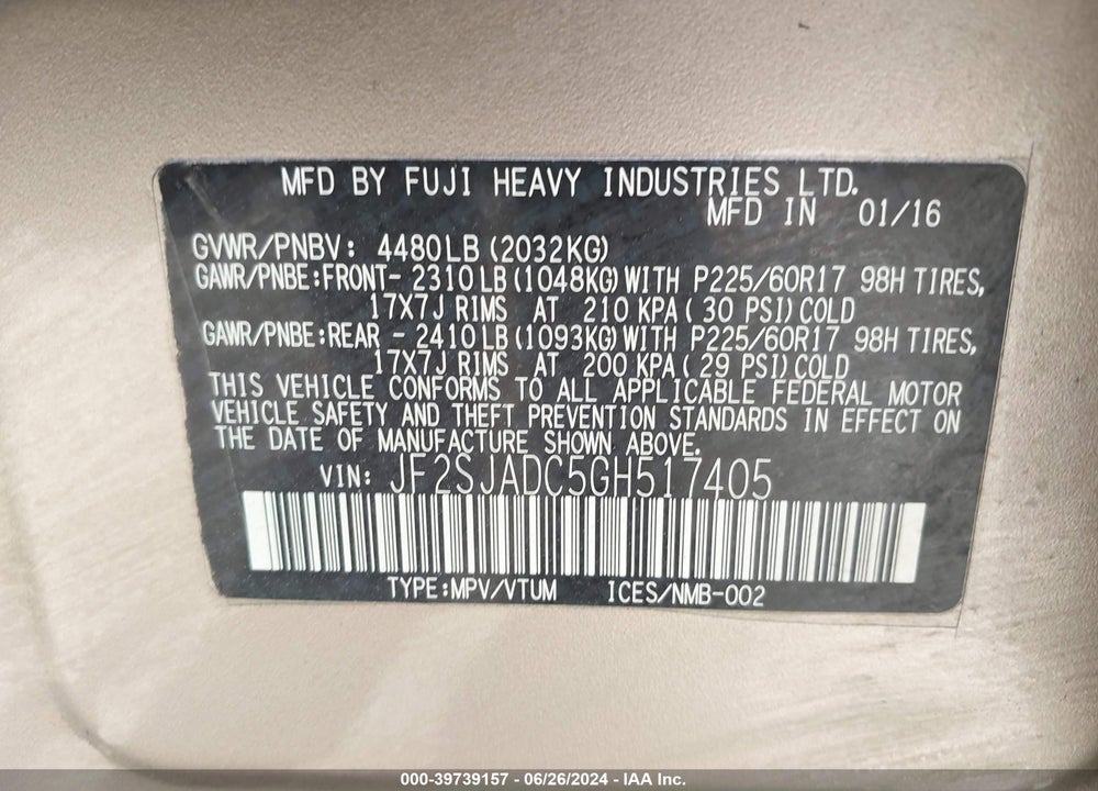 2016 SUBARU FORESTER 2.5I PREMIUM VIN: JF2SJADC5GH517405