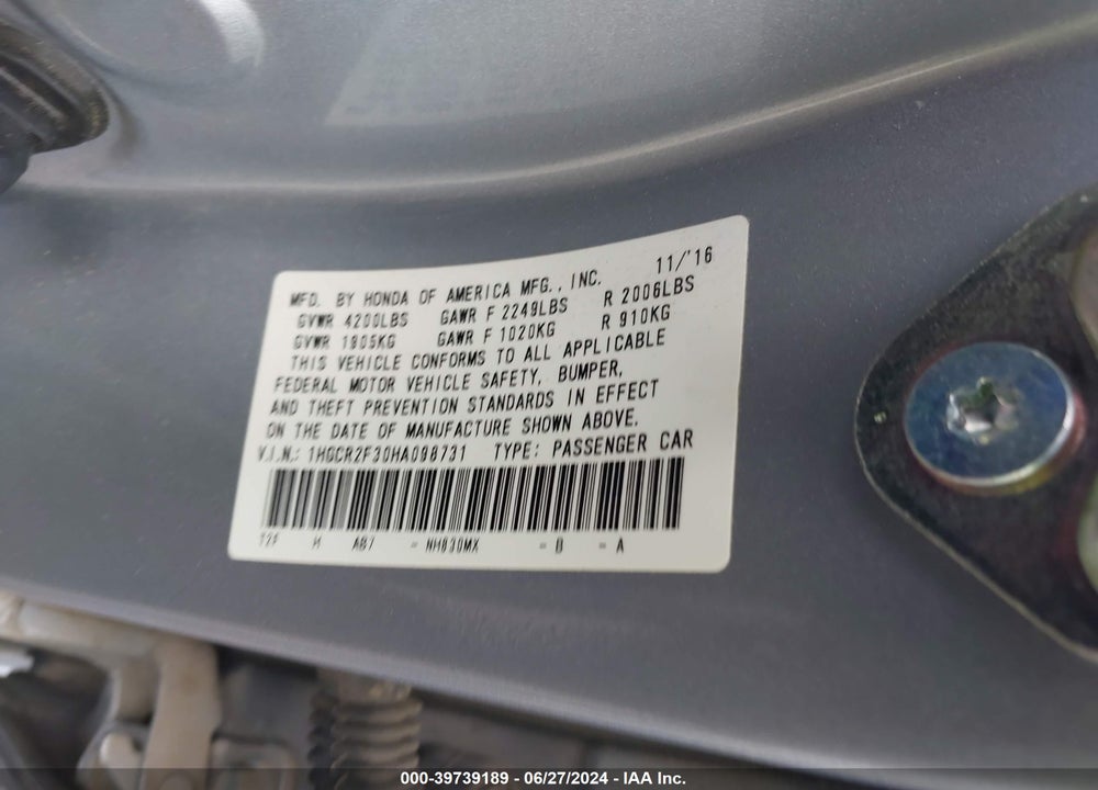 2017 HONDA ACCORD LX VIN: 1HGCR2F30HA098731