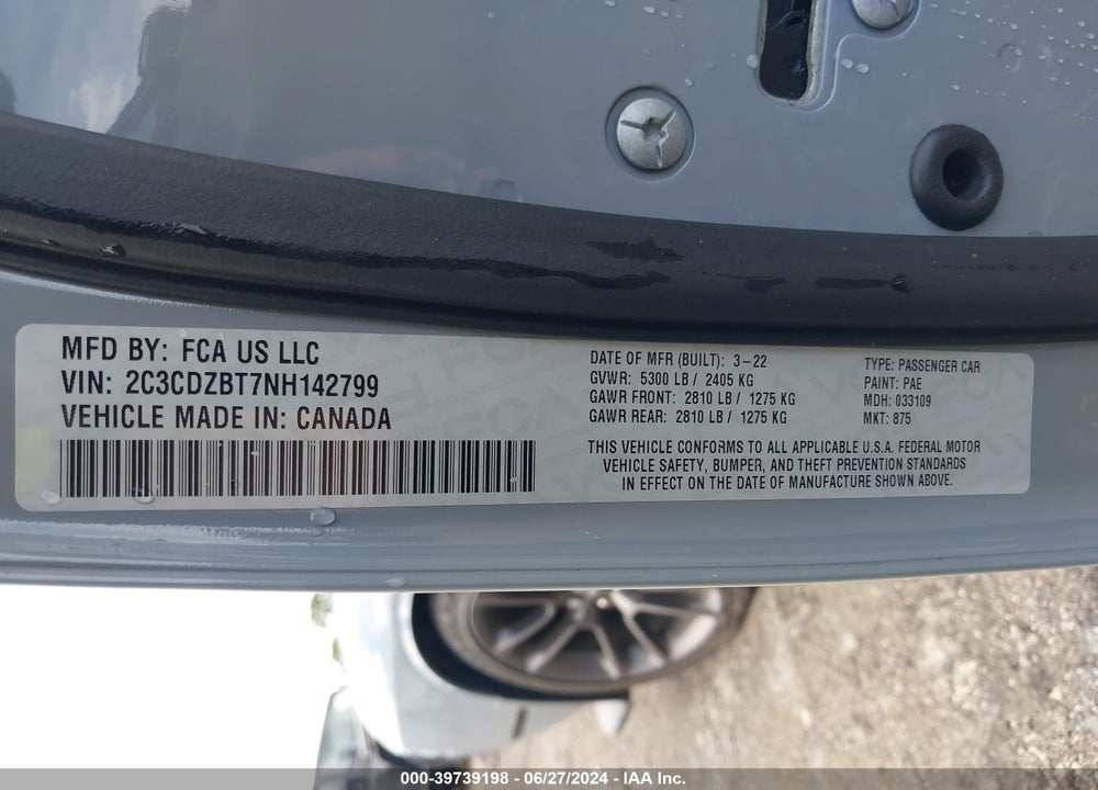2022 DODGE CHALLENGER R/T VIN: 2C3CDZBT7NH142799
