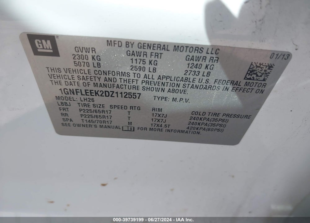 2013 CHEVROLET EQUINOX 1LT VIN: 1GNFLEEK2DZ112557
