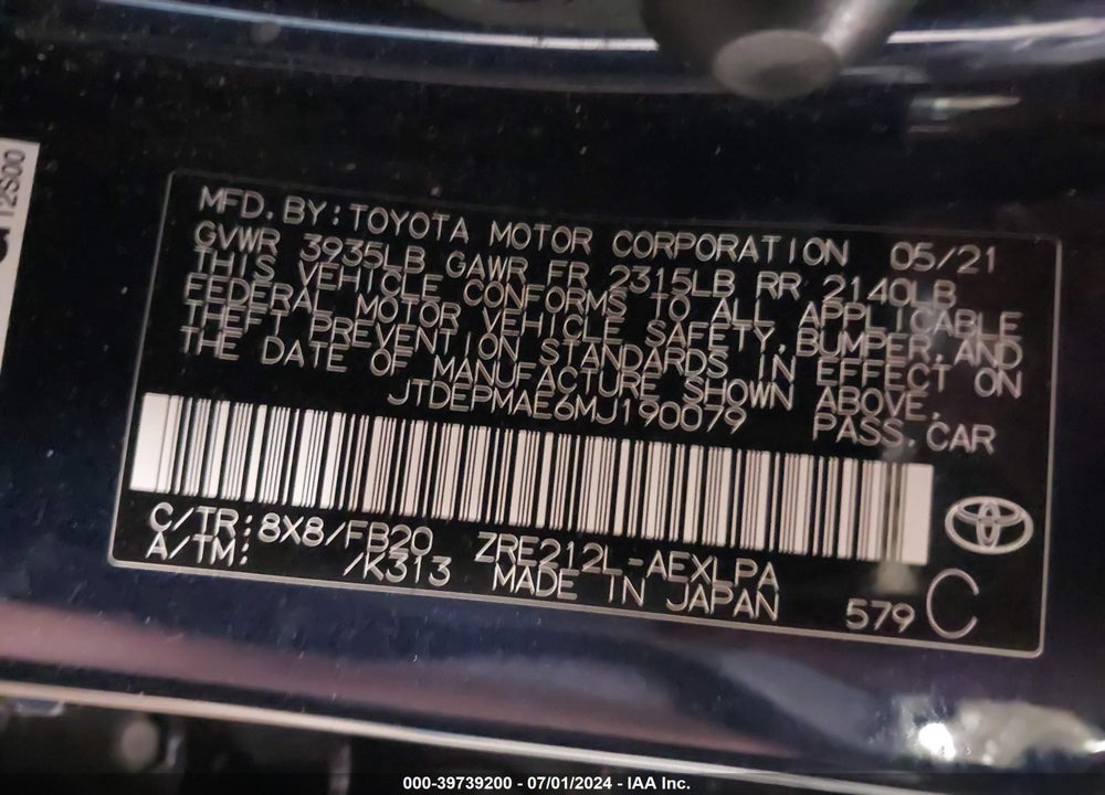 2021 TOYOTA COROLLA LE VIN: JTDEPMAE6MJ190079