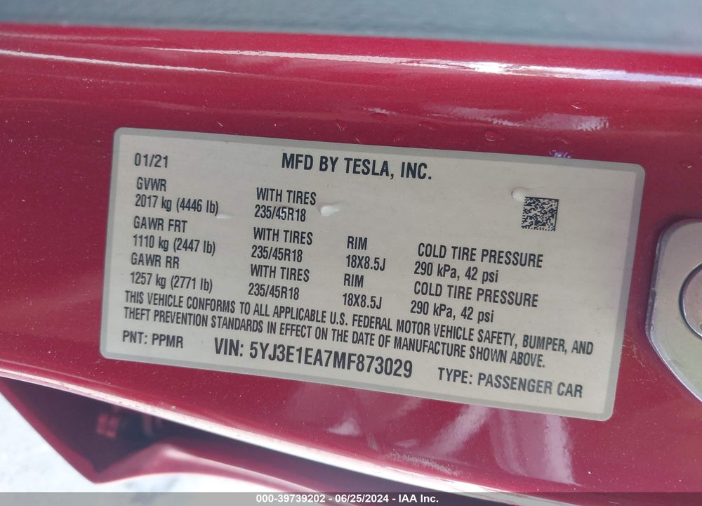 2021 TESLA MODEL 3 STANDARD RANGE PLUS REAR-WHEEL DRIVE VIN: 5YJ3E1EA7MF873029