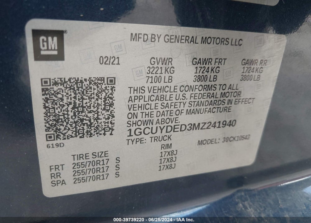 2021 CHEVROLET SILVERADO 1500 4WD SHORT BED LT VIN: 1GCUYDED3MZ241940