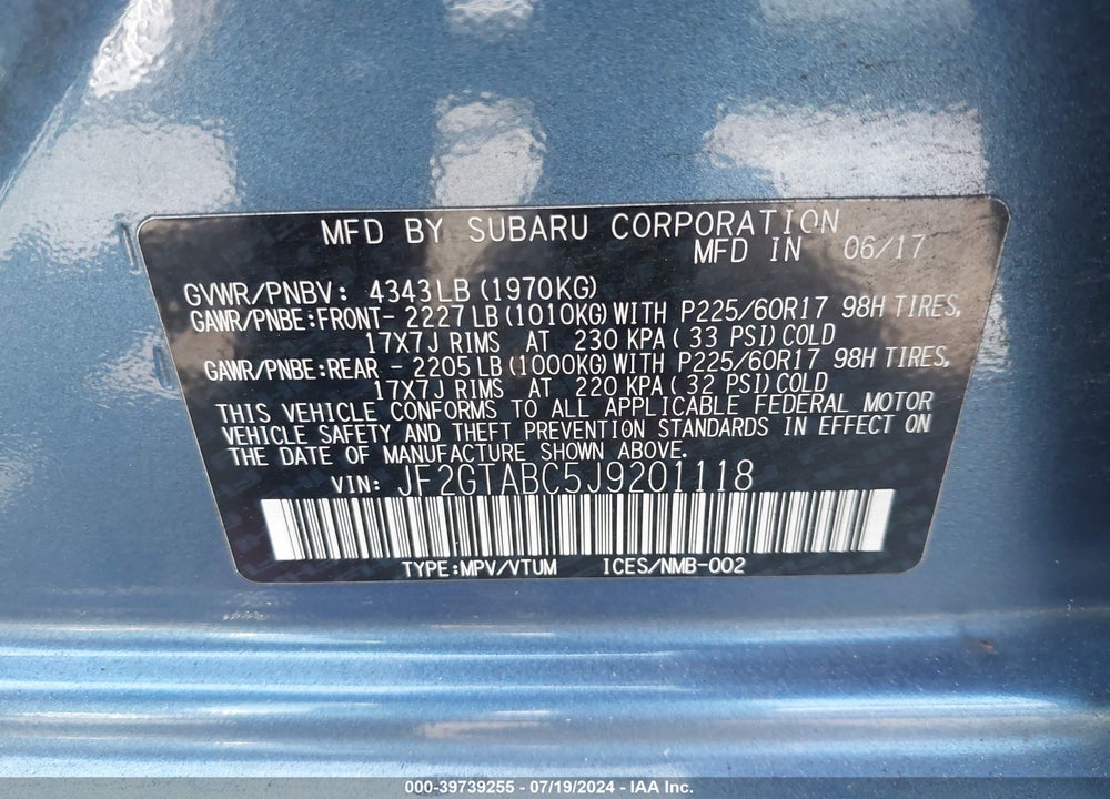 2018 SUBARU CROSSTREK VIN: JF2GTABC5J9201118