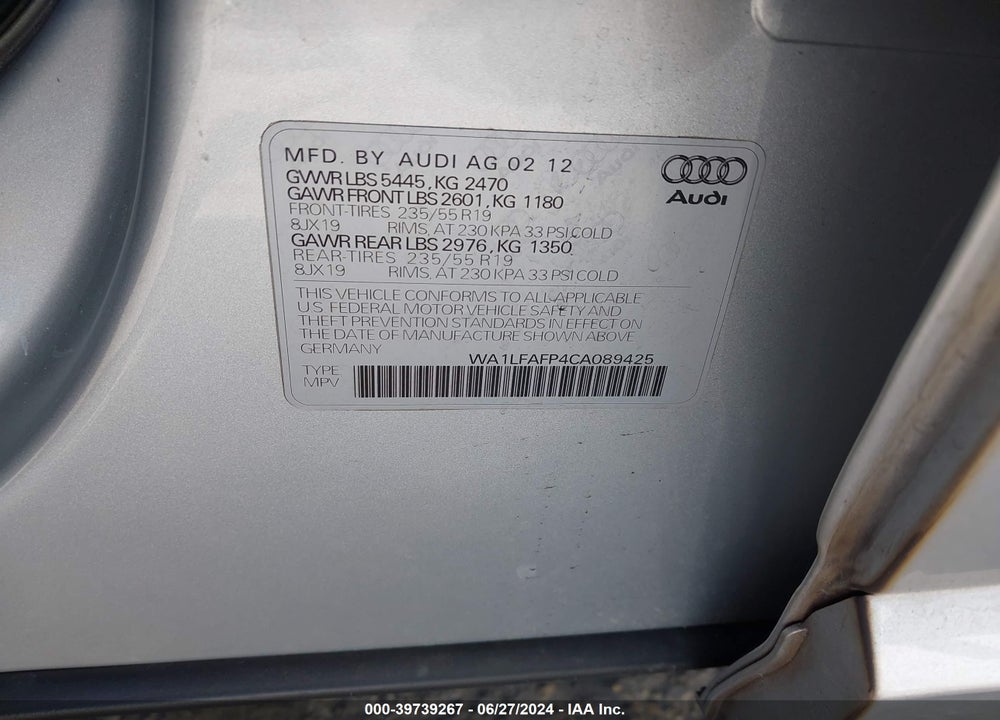 2012 AUDI Q5 2.0T PREMIUM VIN: WA1LFAFP4CA089425