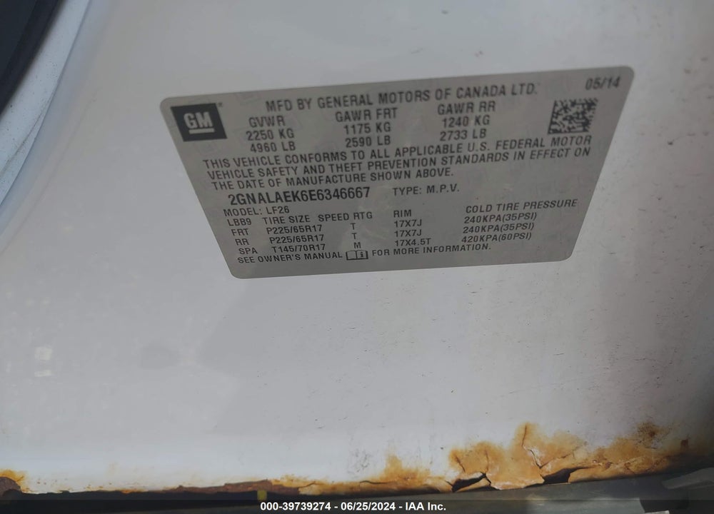 2014 CHEVROLET EQUINOX LS VIN: 2GNALAEK6E6346667