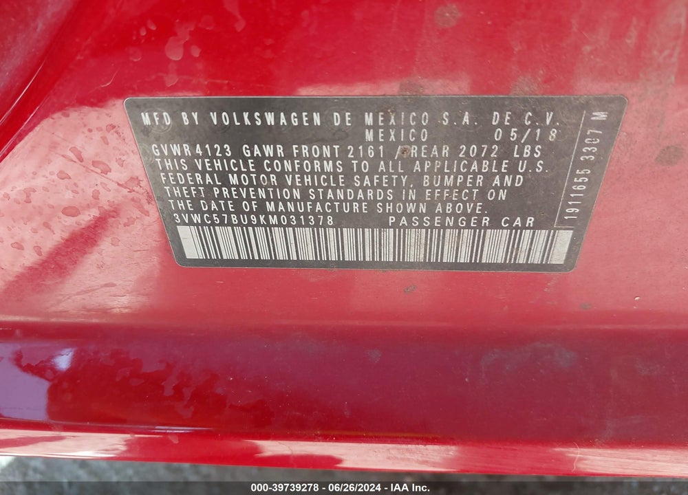 2019 VOLKSWAGEN JETTA 1.4T R-LINE/1.4T S/1.4T SE VIN: 3VWC57BU9KM031378