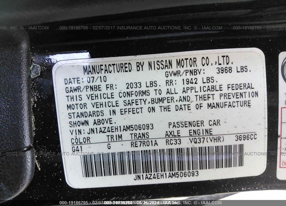 2010 NISSAN 370Z VIN: JN1AZ4EH1AM506093