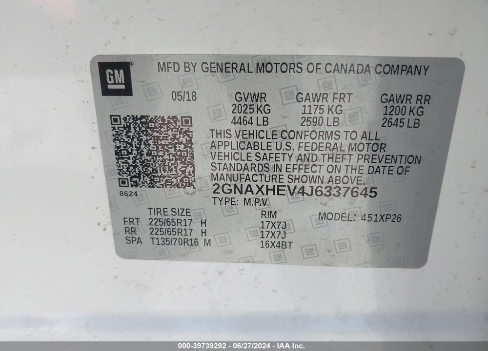 2018 CHEVROLET EQUINOX LS VIN: 2GNAXHEV4J6337645