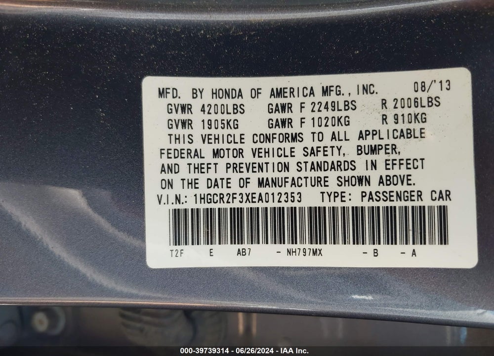 2014 HONDA ACCORD VIN: 1HGCR2F3XEA012353