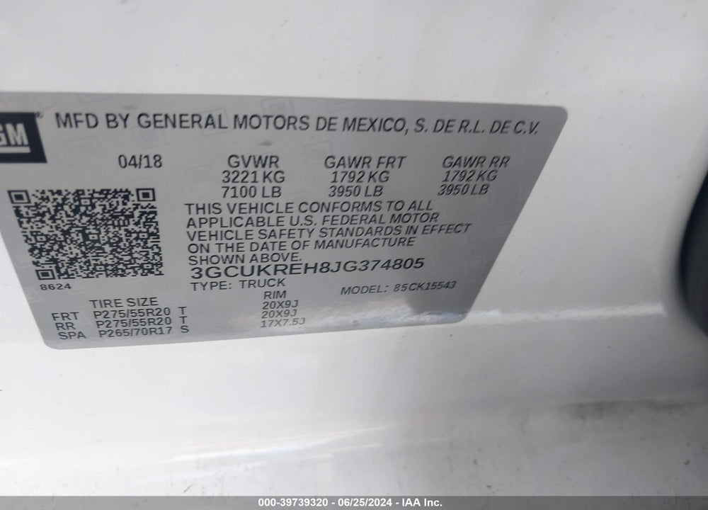 2018 CHEVROLET SILVERADO 1500 1LT VIN: 3GCUKREH8JG374805
