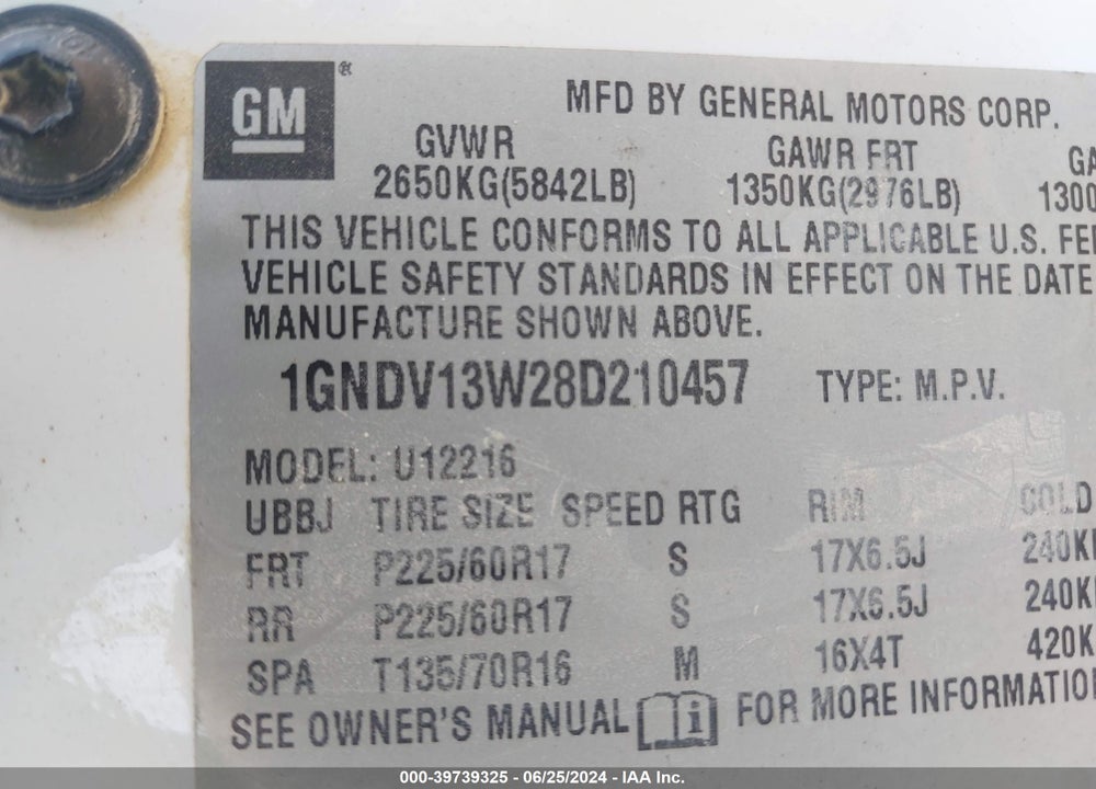 2008 CHEVROLET UPLANDER CARGO VIN: 1GNDV13W28D210457