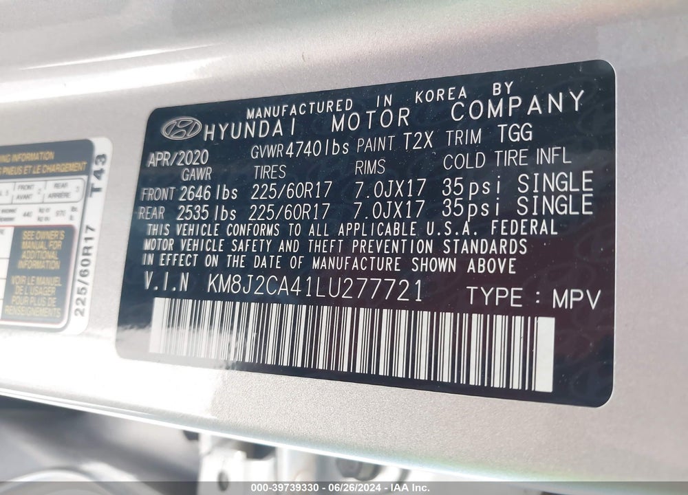 2020 HYUNDAI TUCSON SE VIN: KM8J2CA41LU277721