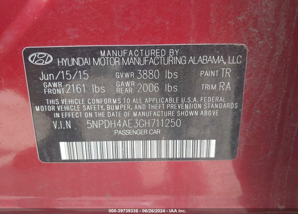 2016 HYUNDAI ELANTRA SE VIN: 5NPDH4AE3GH711250