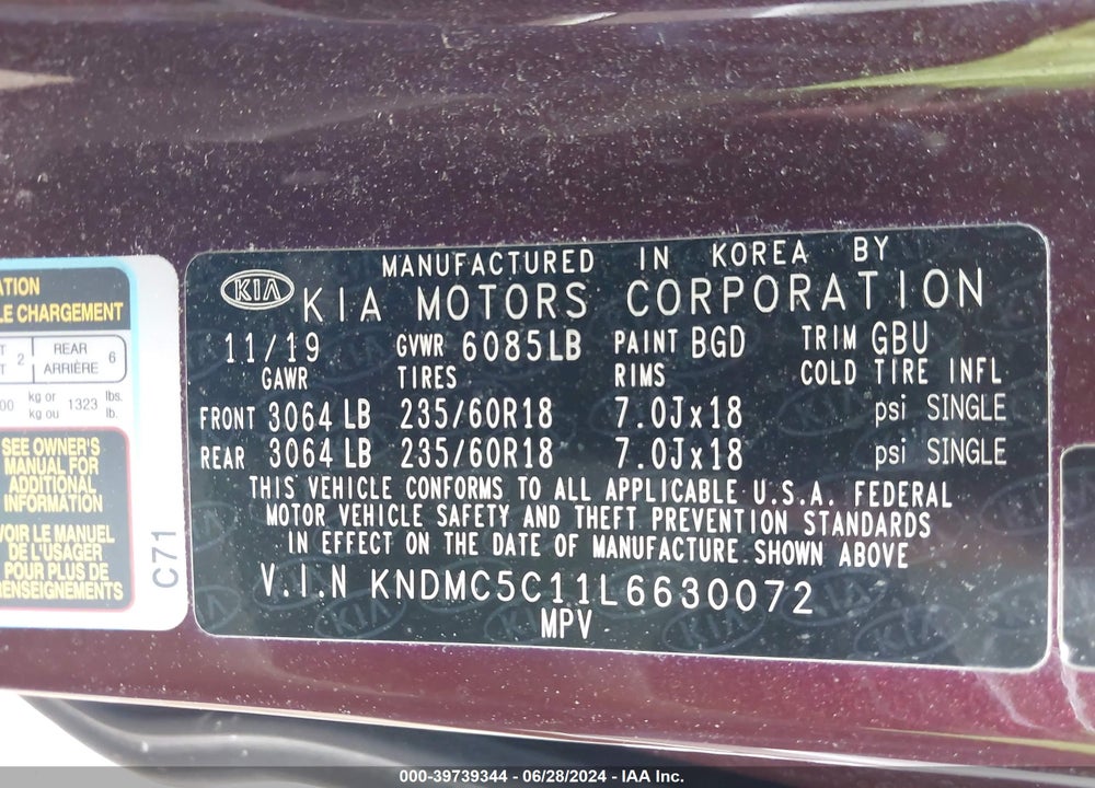 2020 KIA SEDONA EX VIN: KNDMC5C11L6630072