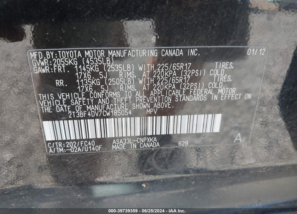 2012 TOYOTA RAV4 VIN: 2T3BF4DV7CW185054