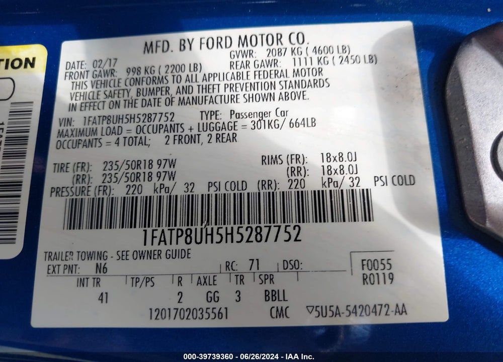 2017 FORD MUSTANG ECOBOOST PREMIUM VIN: 1FATP8UH5H5287752