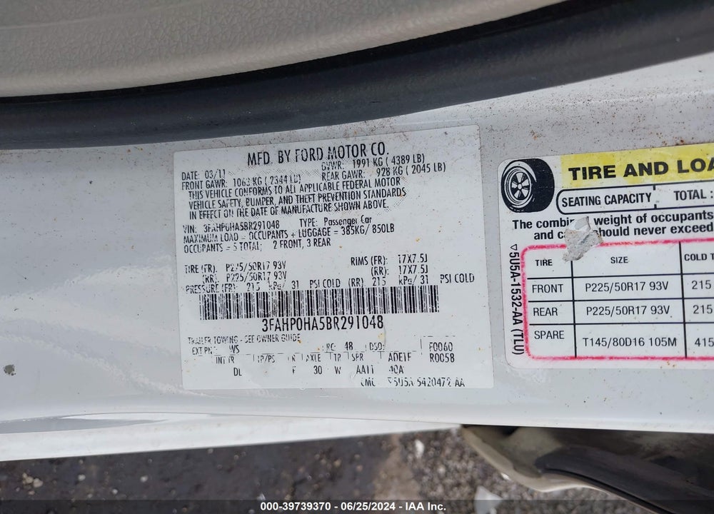 2011 FORD FUSION SE VIN: 3FAHP0HA5BR291048