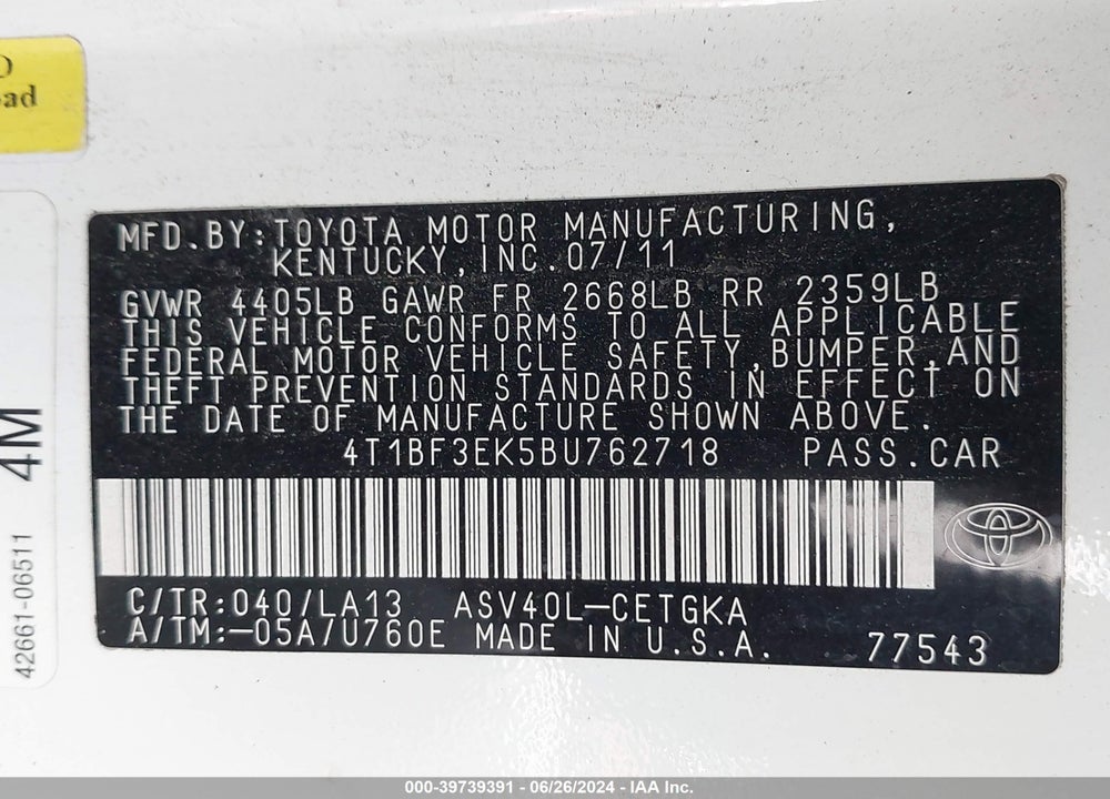 2011 TOYOTA CAMRY XLE VIN: 4T1BF3EK5BU762718