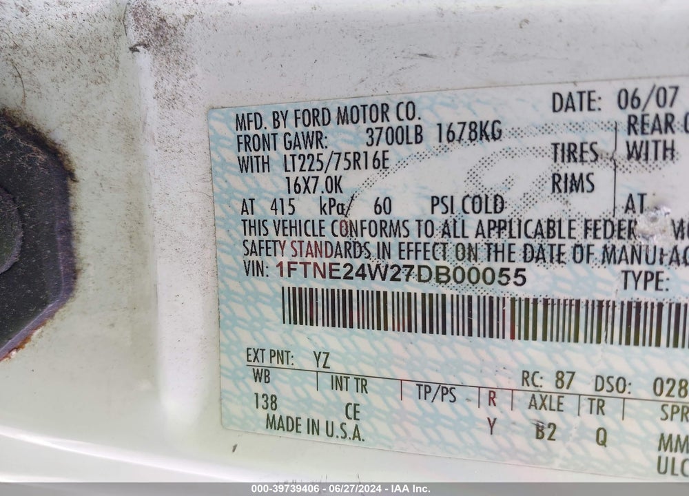 2007 FORD E-250 COMMERCIAL/RECREATIONAL VIN: 1FTNE24W27DB00055