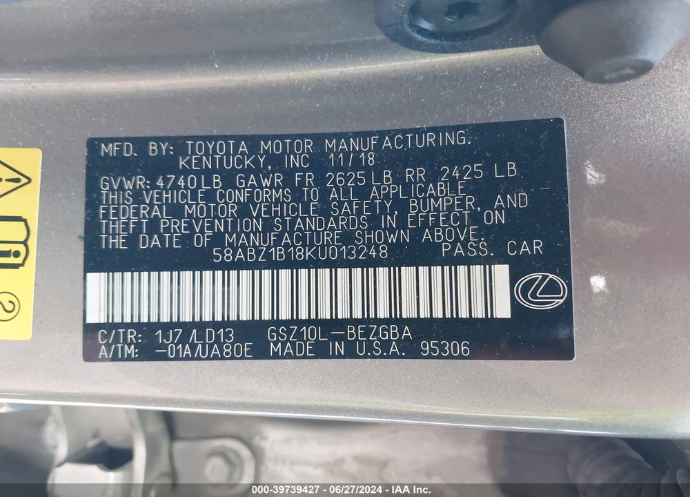 2019 LEXUS ES 350 VIN: 58ABZ1B18KU013248