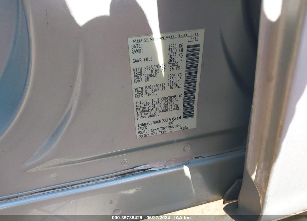 2013 NISSAN TITAN SV VIN: 1N6BA0ED0DN305604