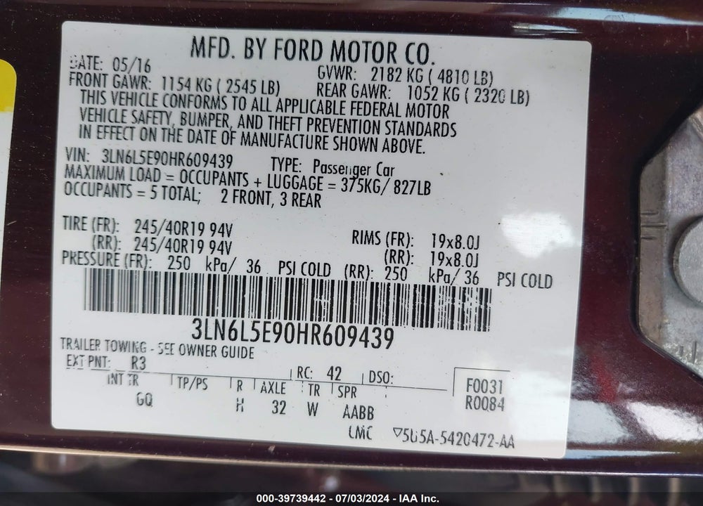 2017 LINCOLN MKZ RESERVE VIN: 3LN6L5E90HR609439