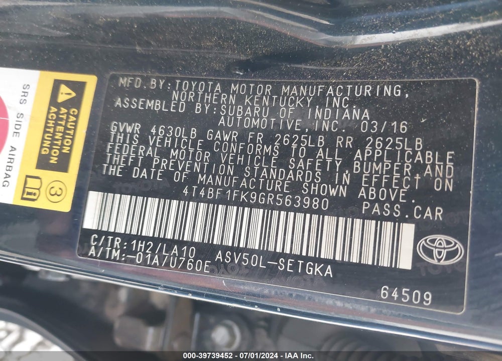 2016 TOYOTA CAMRY XLE VIN: 4T4BF1FK9GR563980