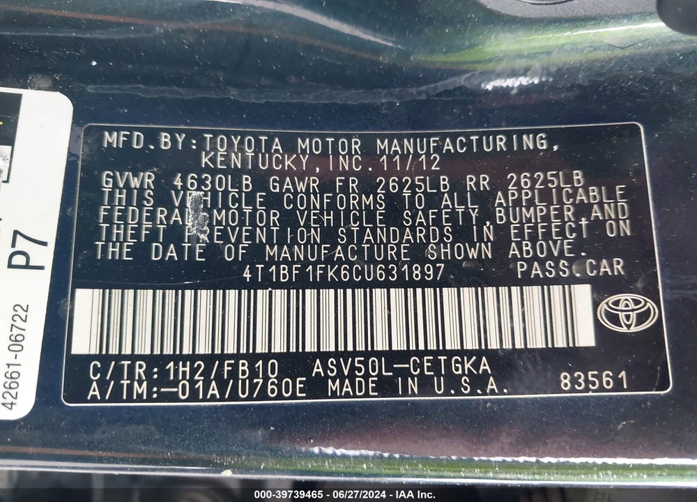 2012 TOYOTA CAMRY XLE VIN: 4T1BF1FK6CU631897