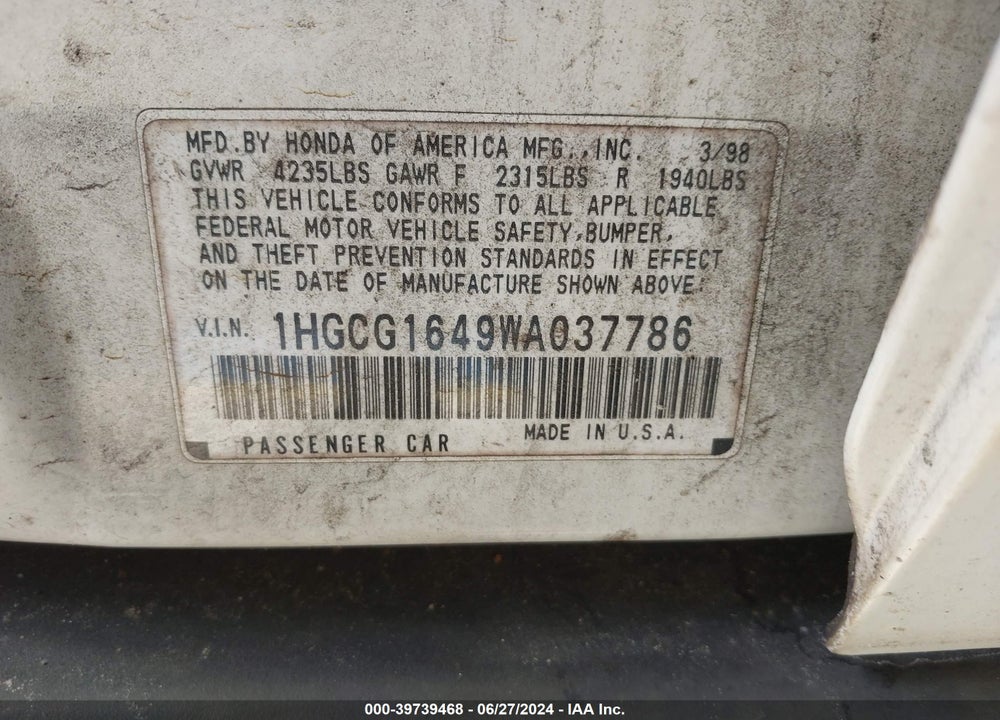 1998 HONDA ACCORD LX V6 VIN: 1HGCG1649WA037786