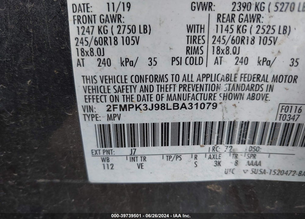 2020 FORD EDGE SEL VIN: 2FMPK3J98LBA31079