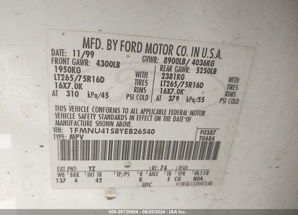 2000 FORD EXCURSION XLT VIN: 1FMNU41S8YEB26540