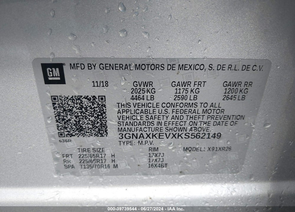 2019 CHEVROLET EQUINOX LT VIN: 3GNAXKEVXKS562149
