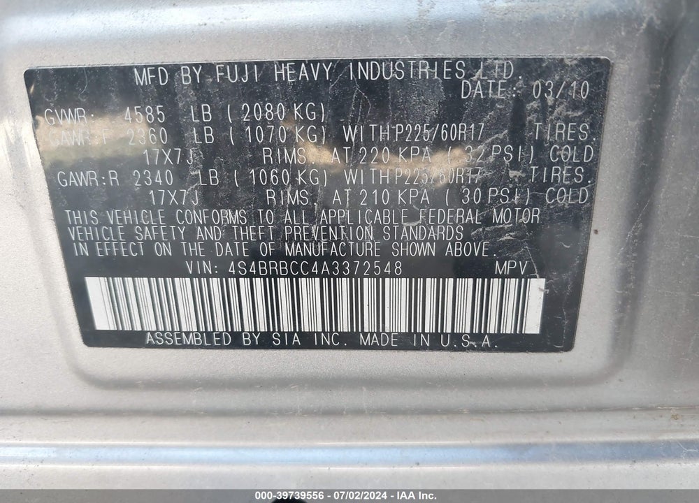 2010 SUBARU OUTBACK 2.5I PREMIUM VIN: 4S4BRBCC4A3372548
