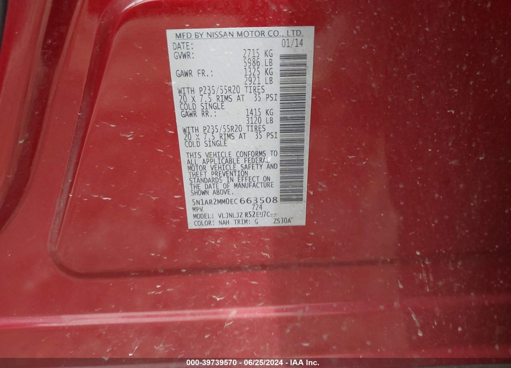 2014 NISSAN PATHFINDER PLATINUM VIN: 5N1AR2MM0EC663508