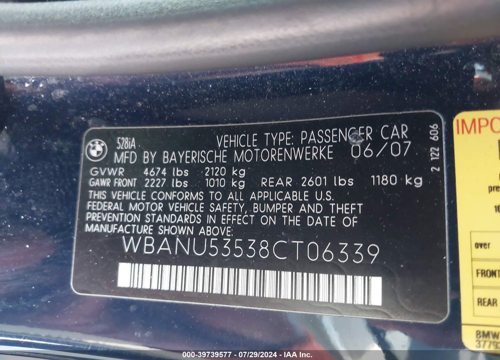 2008 BMW 528I VIN: WBANU53538CT06339