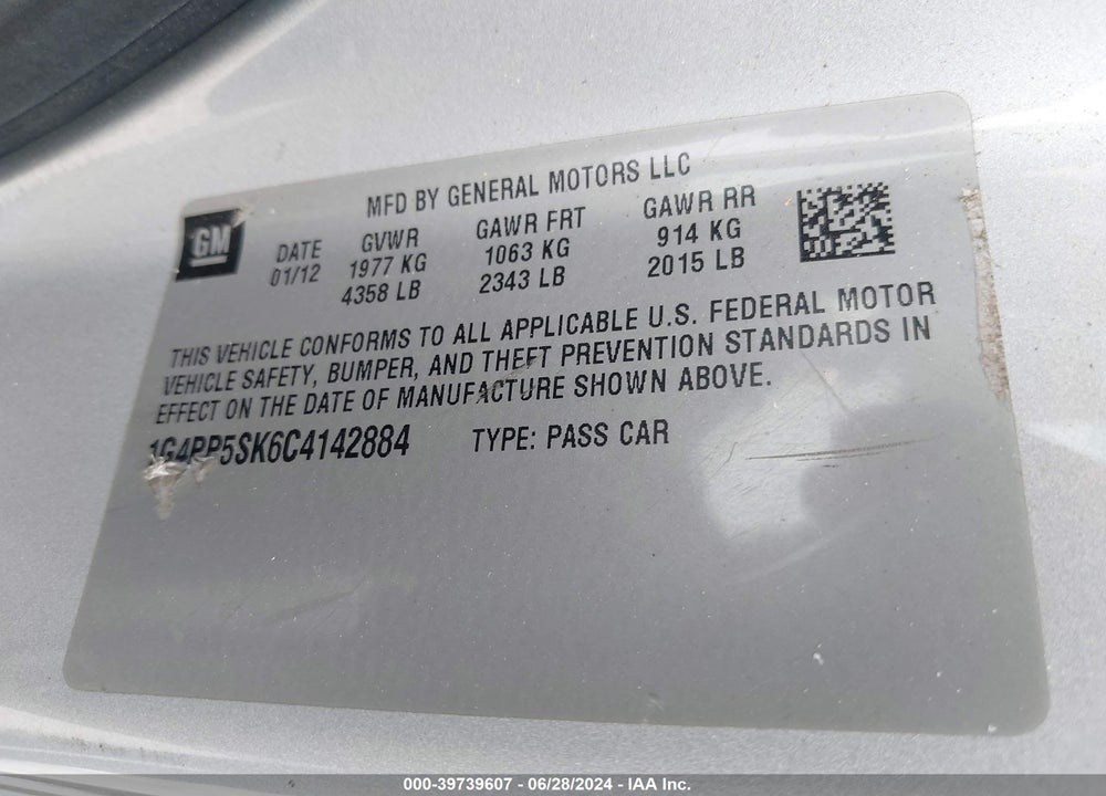 2012 BUICK VERANO VIN: 1G4PP5SK6C4142884