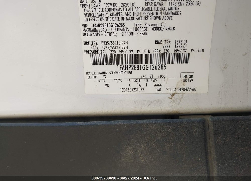 2016 FORD TAURUS SEL VIN: 1FAHP2E81GG126285