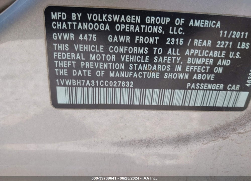 2012 VOLKSWAGEN PASSAT SE W/SUNROOF VIN: 1VWBH7A31CC027632