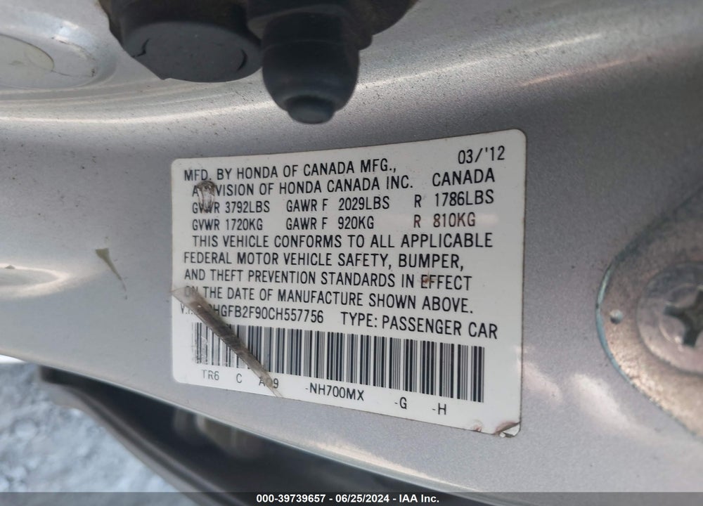 2012 HONDA CIVIC EX-L VIN: 2HGFB2F90CH557756