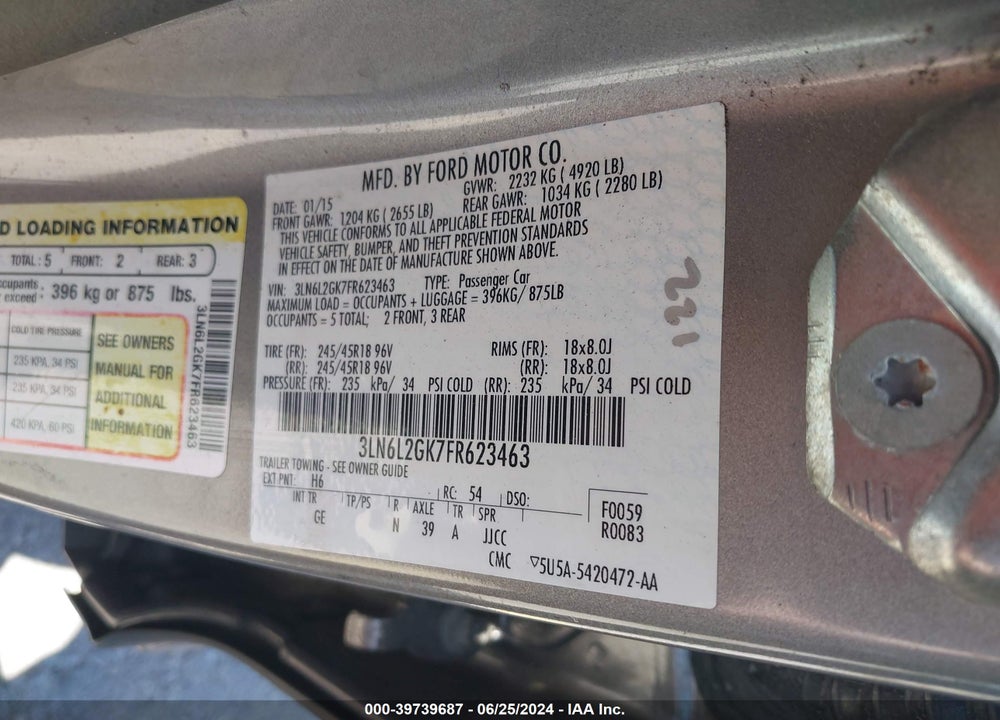 2015 LINCOLN MKZ VIN: 3LN6L2GK7FR623463
