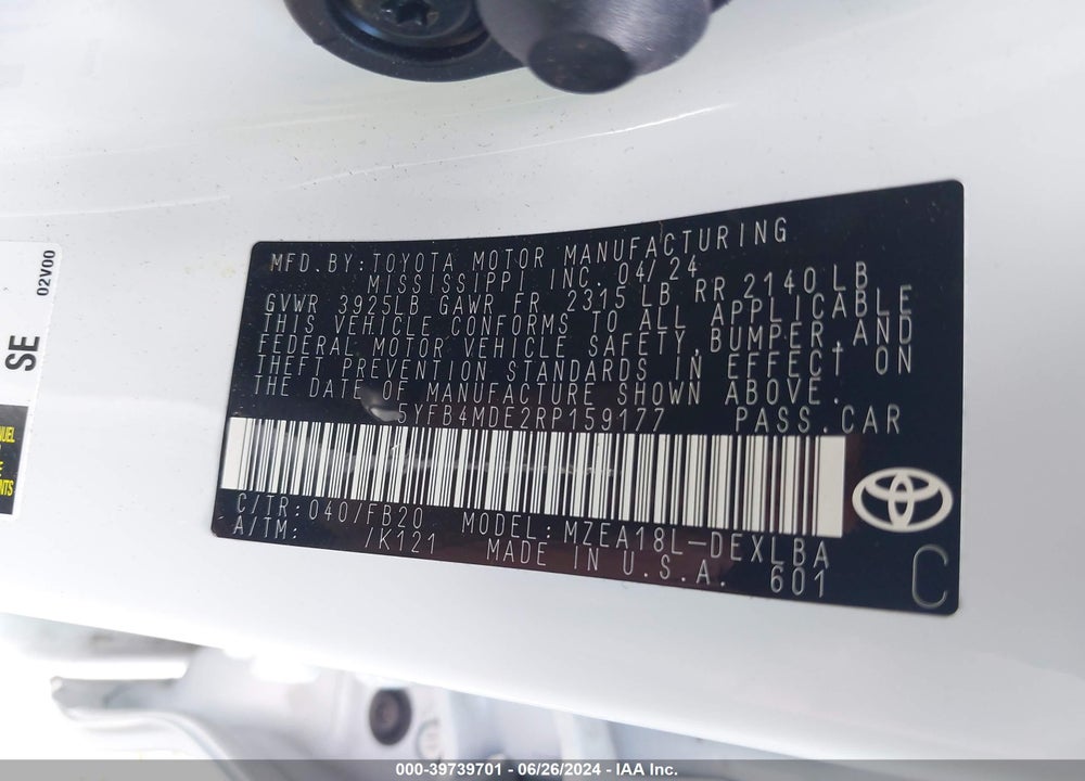 2024 TOYOTA COROLLA LE VIN: 5YFB4MDE2RP159177