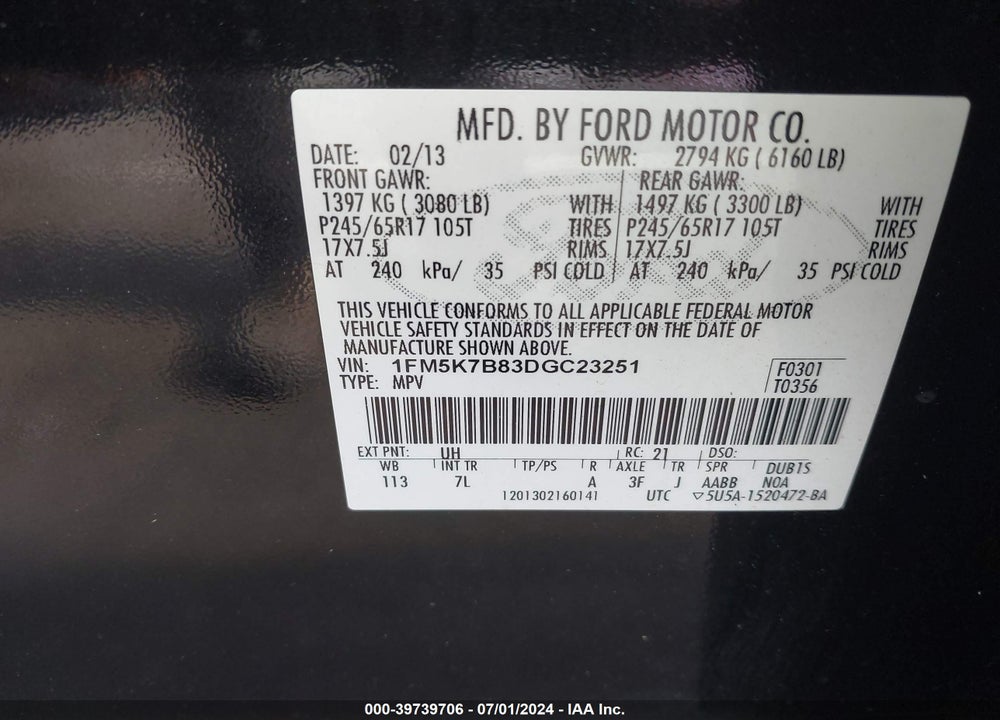 2013 FORD EXPLORER VIN: 1FM5K7B83DGC23251
