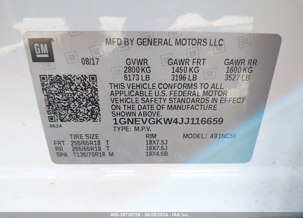 2018 CHEVROLET TRAVERSE 1LT VIN: 1GNEVGKW4JJ116659