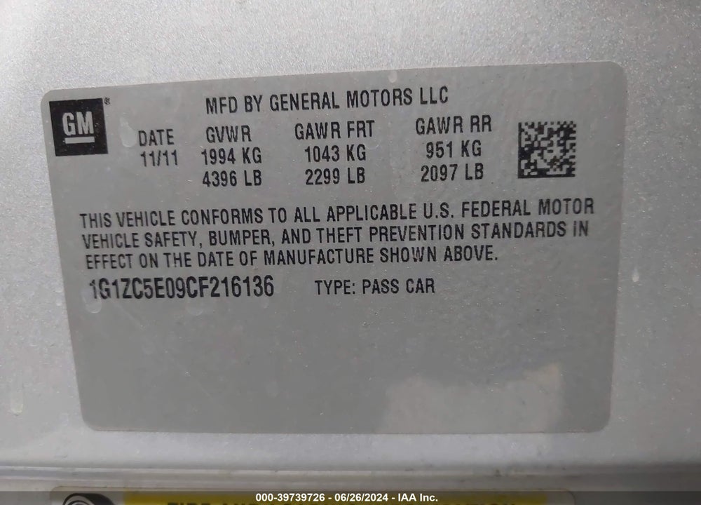 2012 CHEVROLET MALIBU 1LT VIN: 1G1ZC5E09CF216136