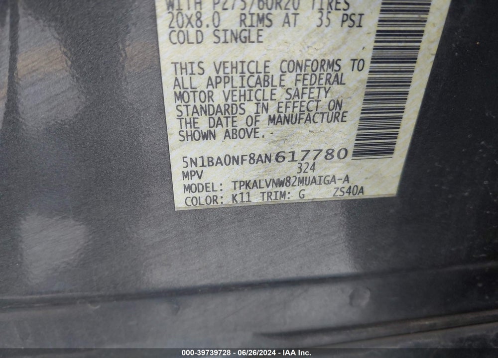 2010 NISSAN ARMADA PLATINUM VIN: 5N1BA0NF8AN617780